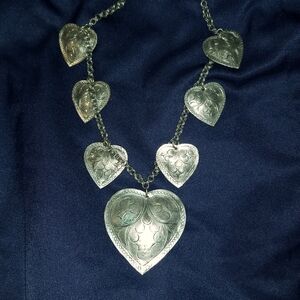 Heart Necklace Thai "Silver" Metal Retro 1989 Folkart Boho Festival Valentines
